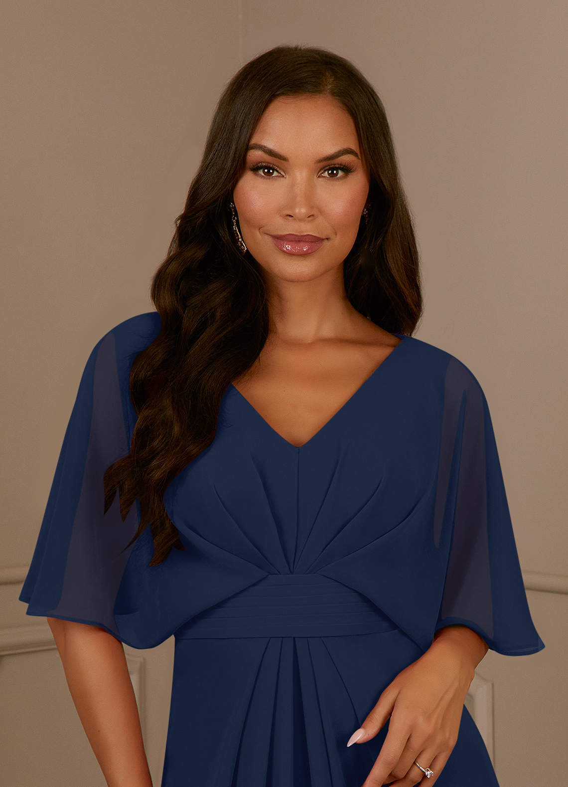 Azazie Oksana Dark Navy A-Line V-Neck Pleated Chiffon Dress