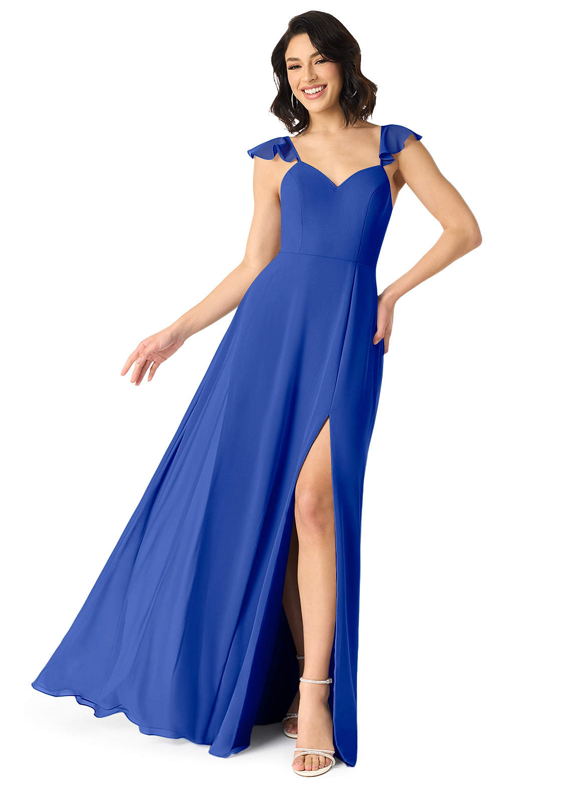 Azazie Everett Bridesmaid Dresses Royal Blue A-Line V-neck Ruched Chiffon Dress image1