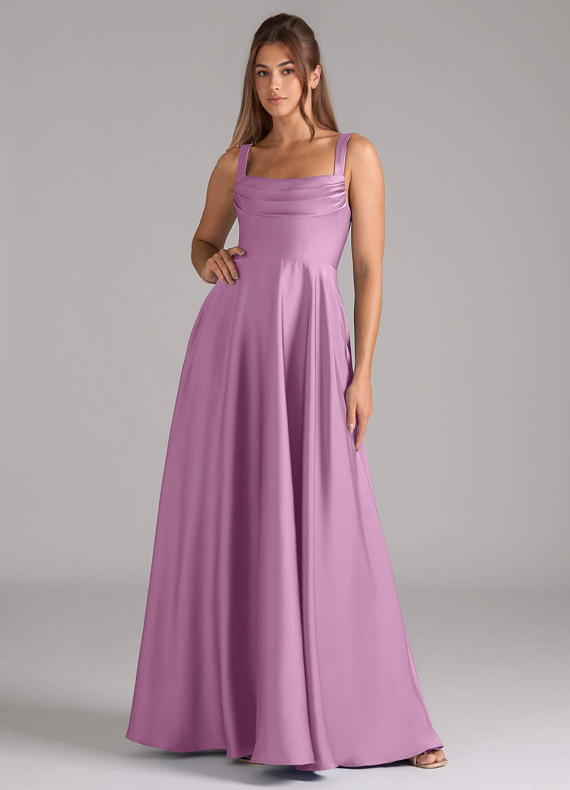Azazie Shaude Bridesmaid Dresses Wisteria A-Line Pleated Stretch Satin Dress image1