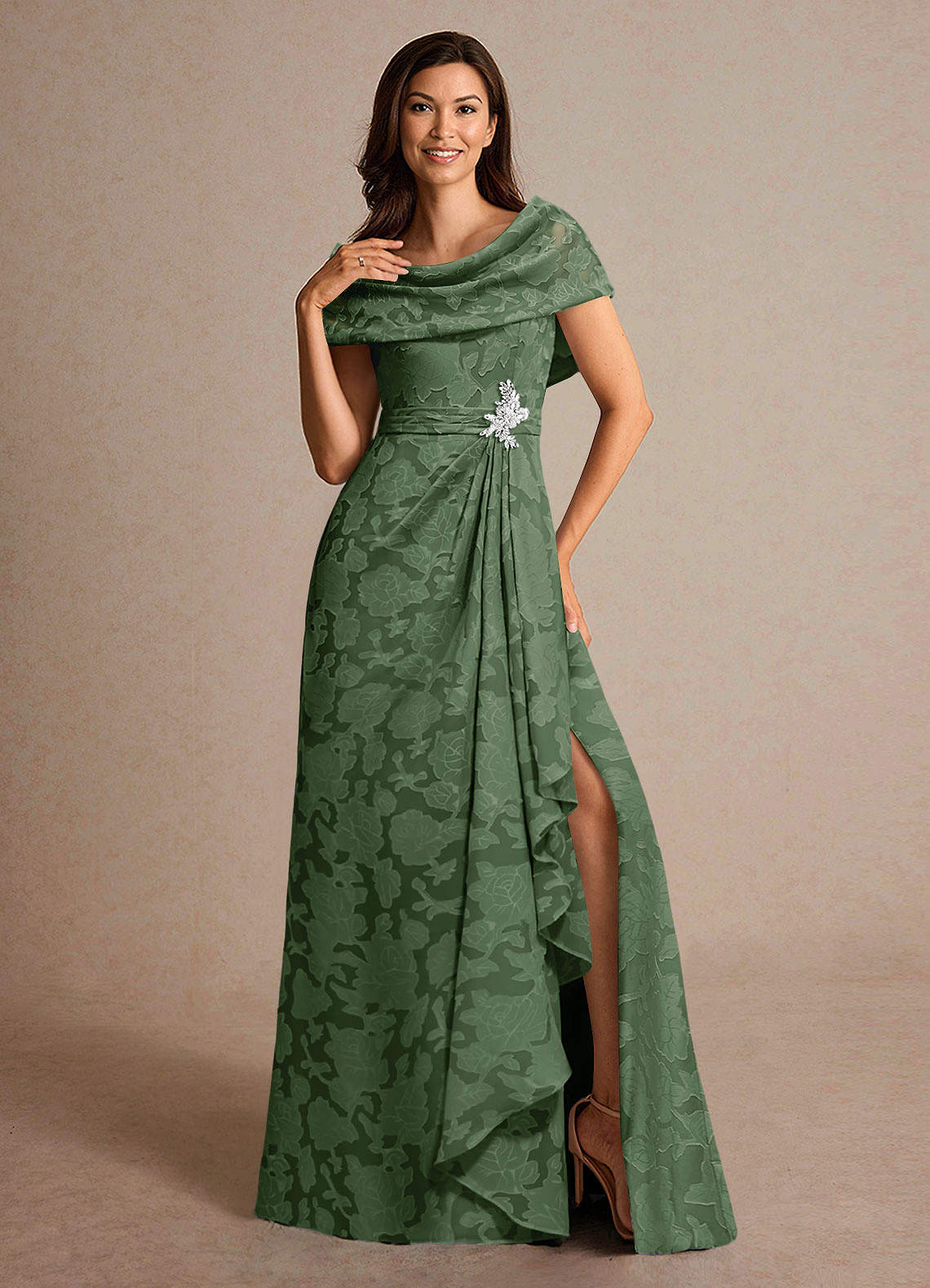 Azazie Branford Mother of the Bride Dresses Eucalyptus A-Line Pleated Floral Burnout Dress image4