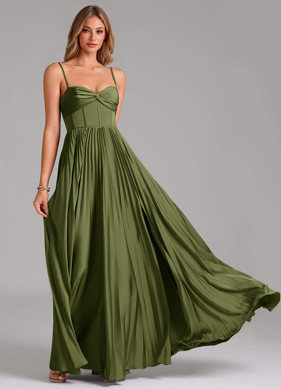 Azazie Akiko Ready to Ship Olive Stretch Satin Bridesmaid Dresses