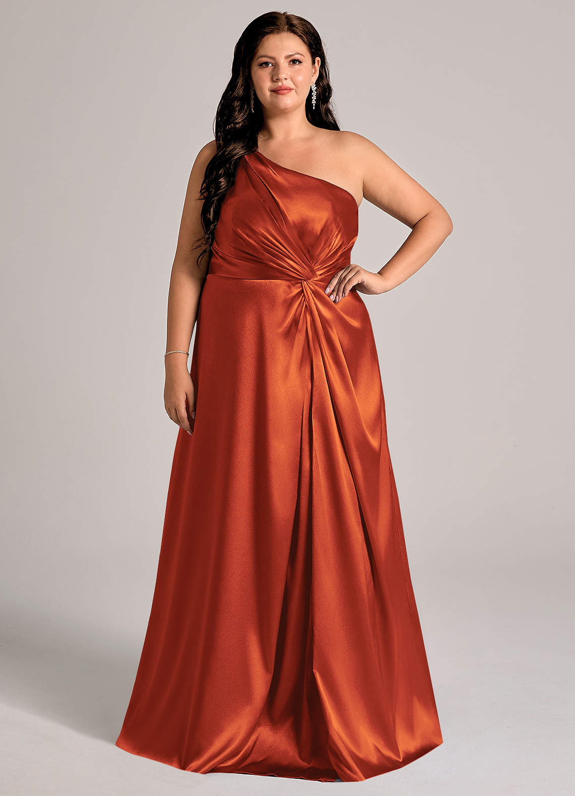 Azazie Brooke Bridesmaid Dresses Paprika A-Line One Shoulder Metallic Satin Dress image1
