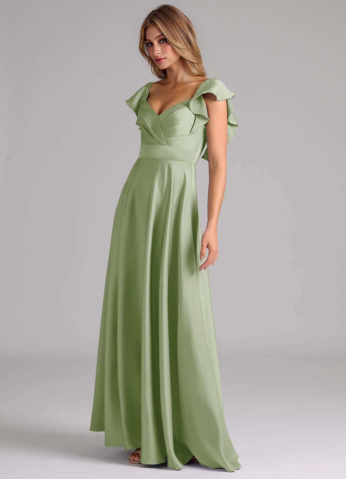 Azazie Leilani Robes de demoiselle d'honneur Robe Trapèze en Satin extensible Rayé Vert Sauge image7
