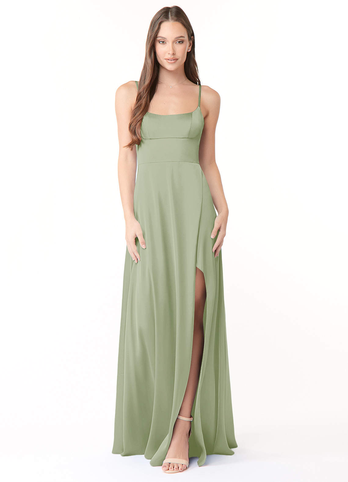 Azazie Halsey Bridesmaid Dresses Dusty Sage Sheath Side Slit Stretch Satin Dress image1