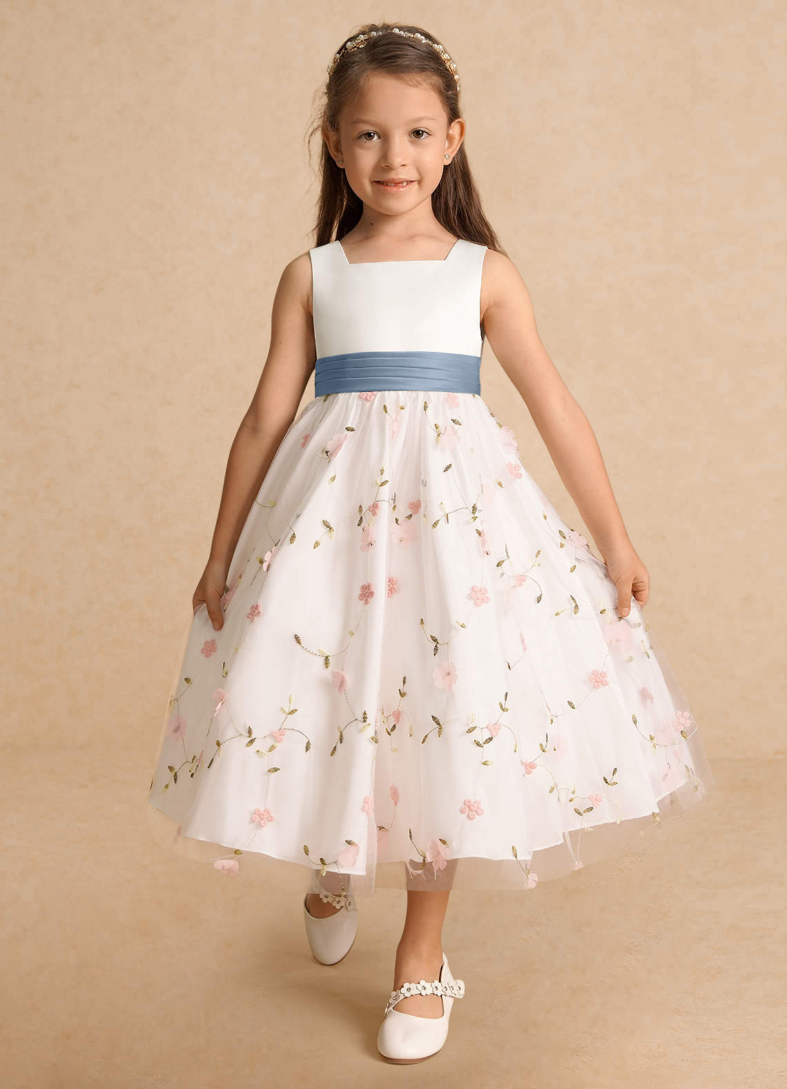 Azazie Pollie Flower Girl Dresses Blushing Pink Dusty Blue A-Line Bow Tulle Dress image9
