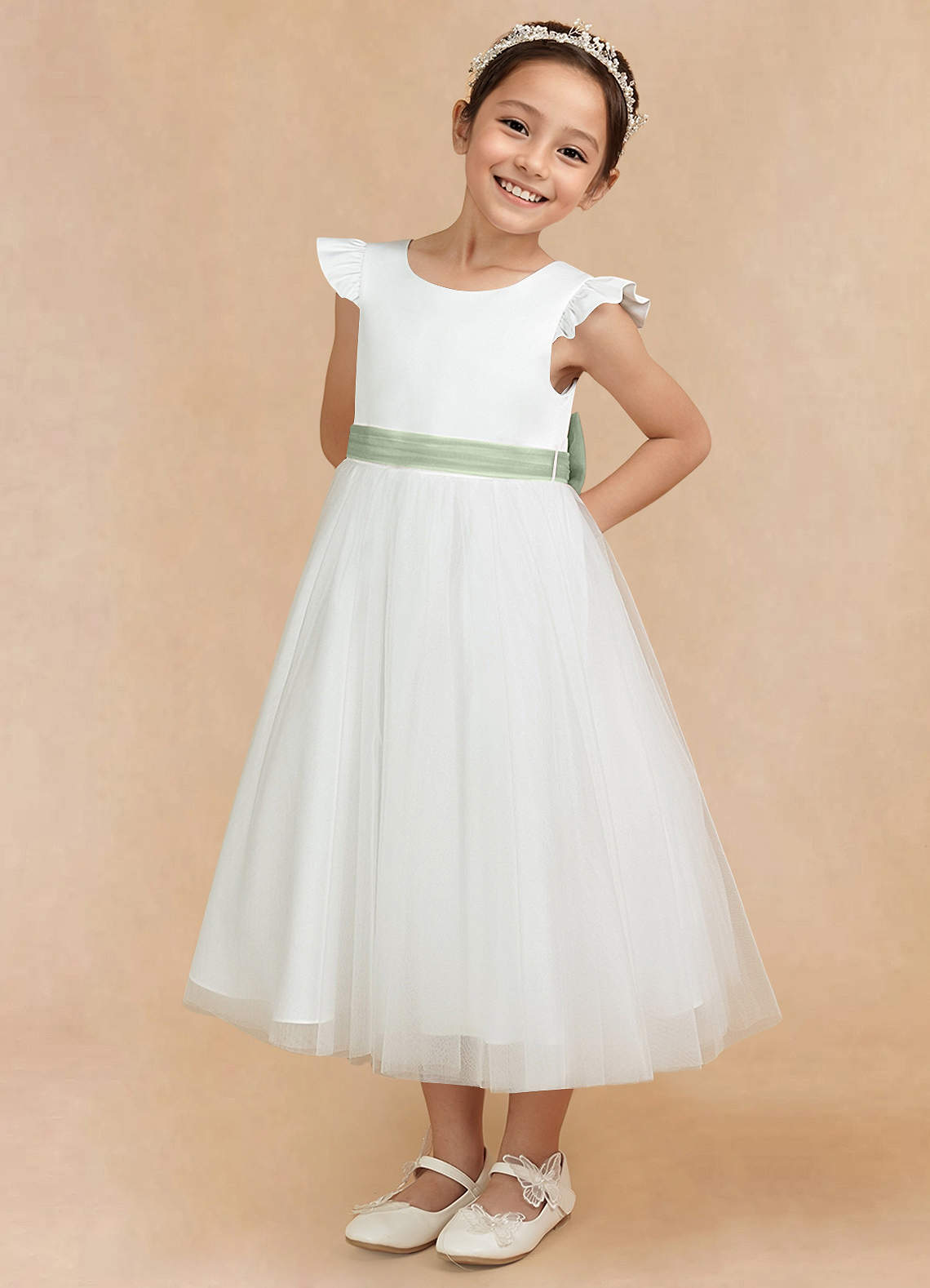 Azazie Hemi Flower Girl Dresses Ivory Dusty Sage A-Line Bow Tulle Dress image1