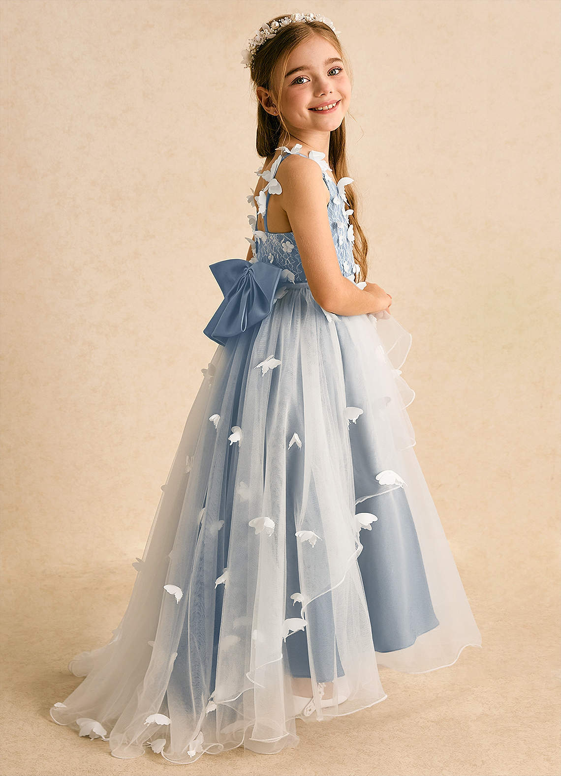 Azazie Darlina Robe Demoiselle D'honneur Fillette Robe Princesse en Tulle Dentelle Ivoire Bleu Poudré image1