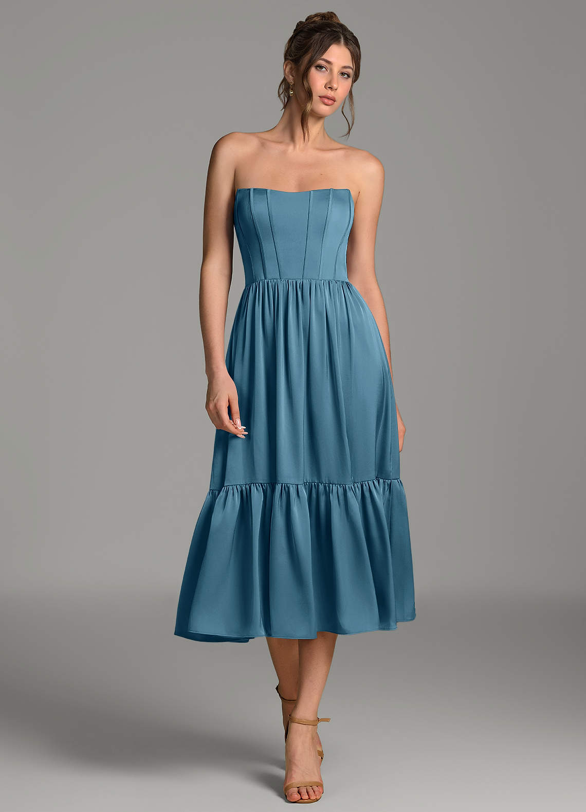 knee length multiway dress Azazie Delphina Bermuda Stretch Satin Bridesmaid Dresses infinity dress styles
