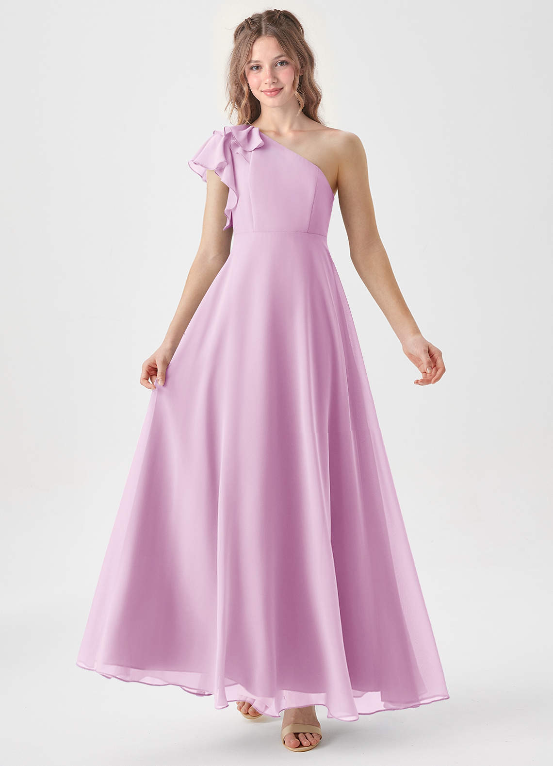 Azazie Arabella Junior Robe Trapèze en Mousseline de soie Rayé Rose Bonbon image1