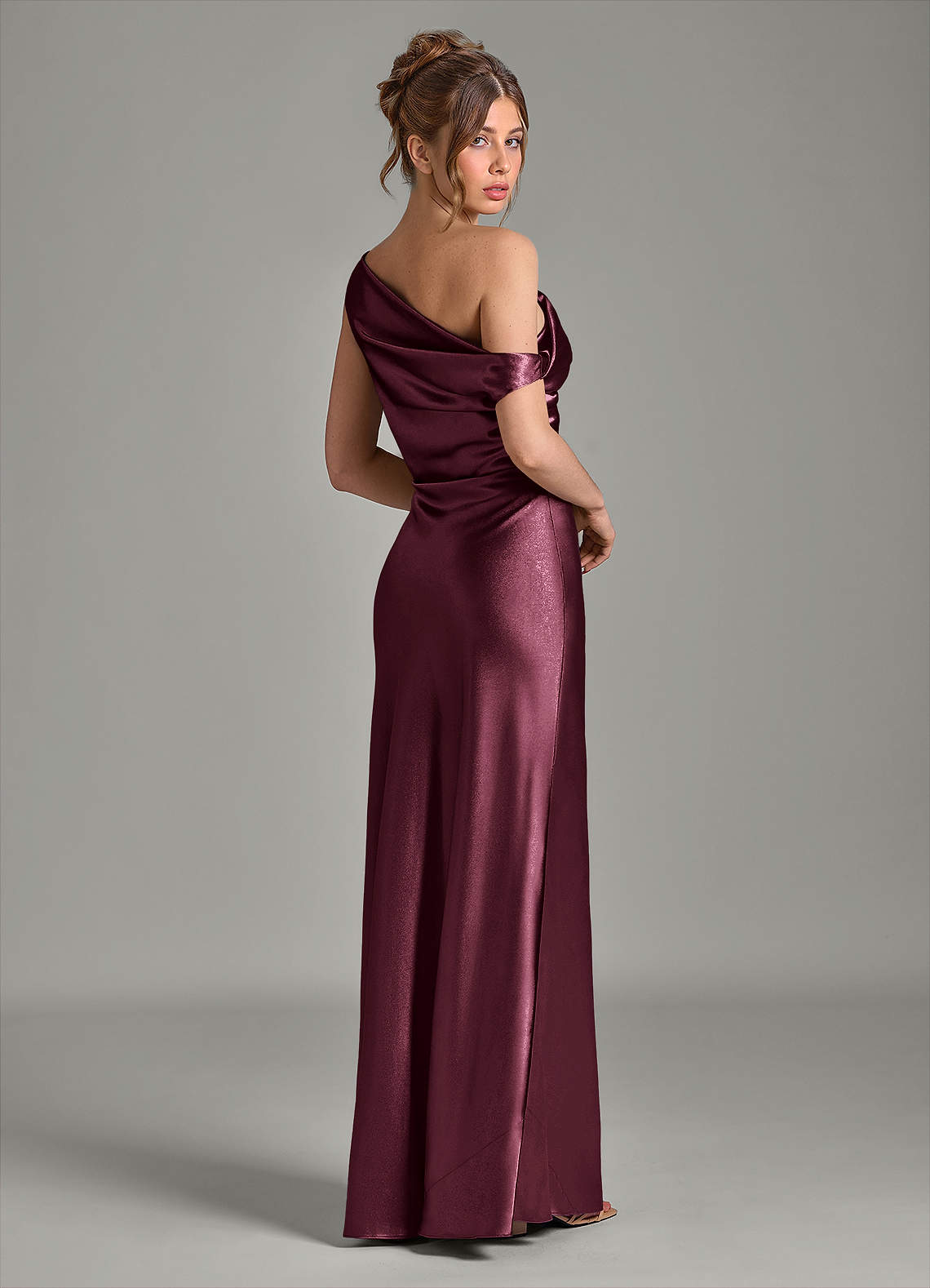 Azazie Emerson Bridesmaid Dresses Cabernet Mermaid Off the Shoulder Metallic Satin Dress image5