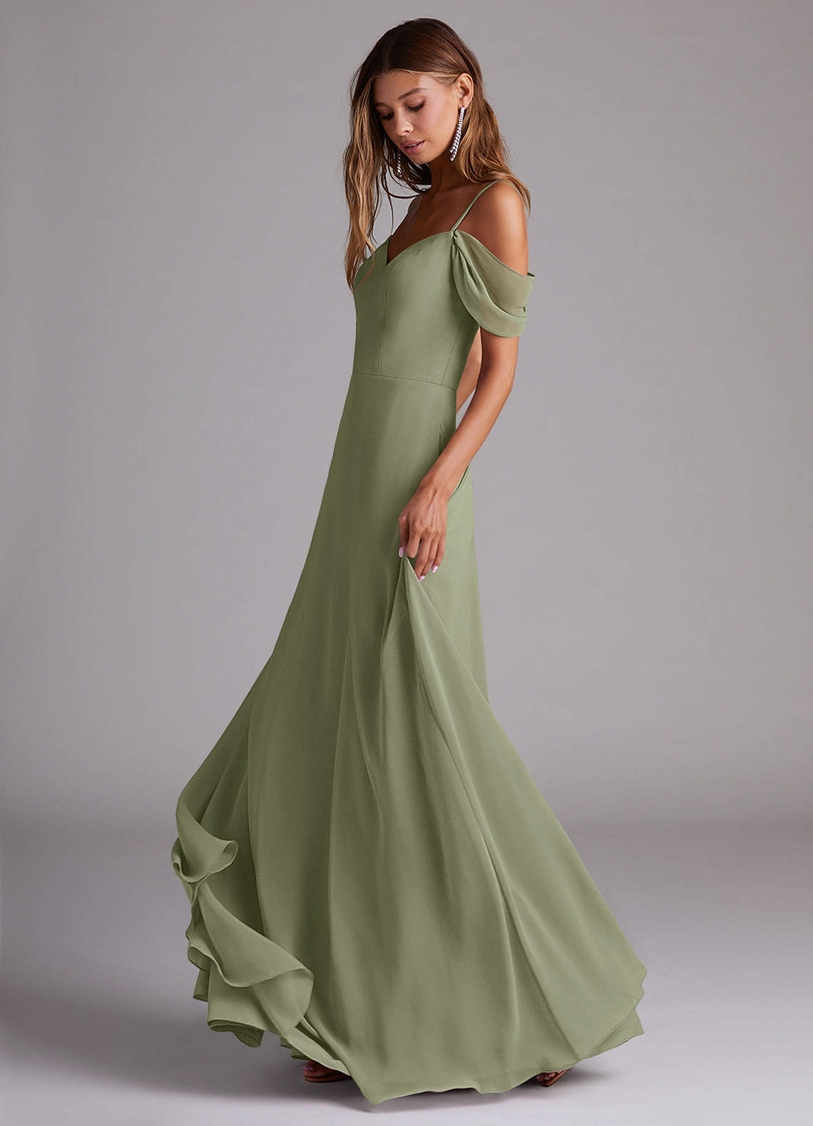 Azazie Marley Vestidos de madrinha de casamento Vestido Pistache de Chiffon de Linha A com Fora do ombro image2