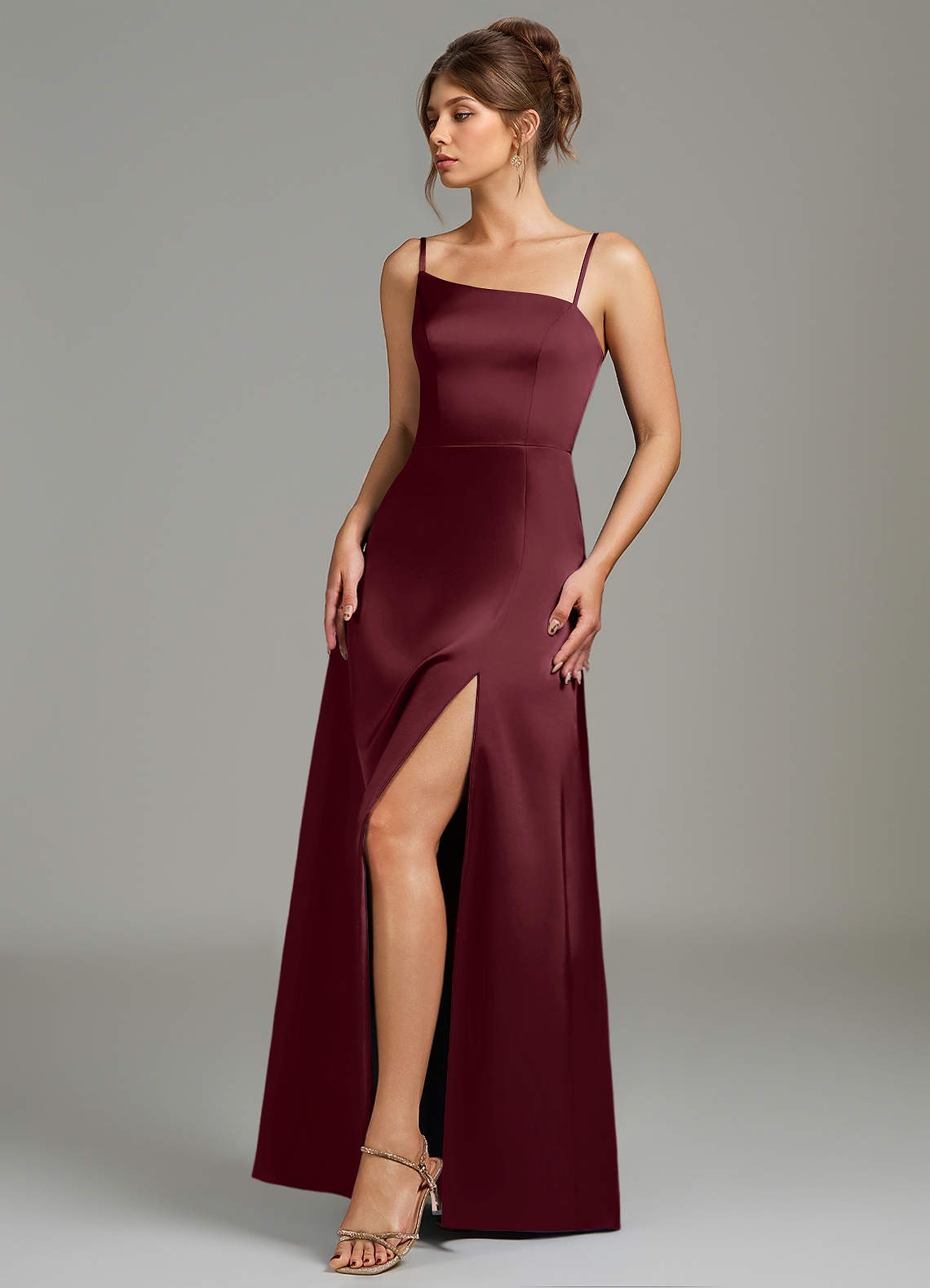 satin cabernet bridesmaid dress Spaghetti Straps V-neck Soft Satin Bridesmaid Dress