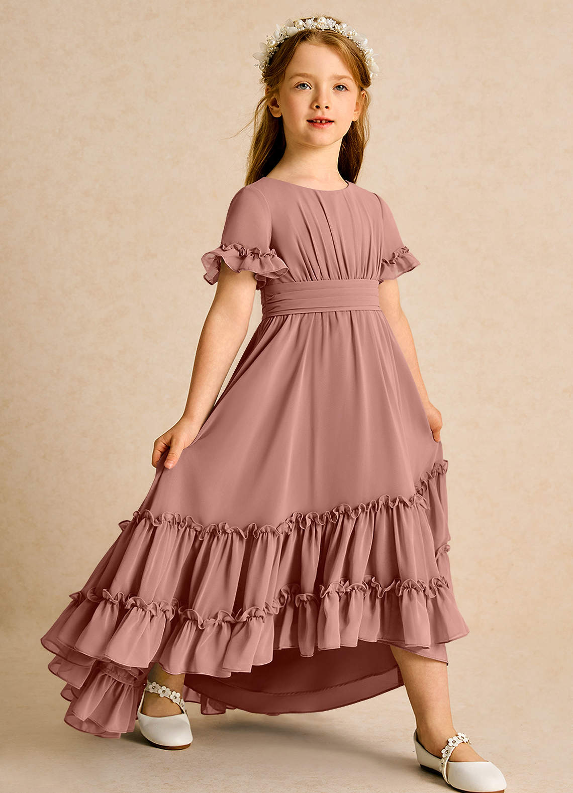 Azazie Kass Flower Girl Dresses Cedar Rose A-Line Pleated Chiffon Dress image1