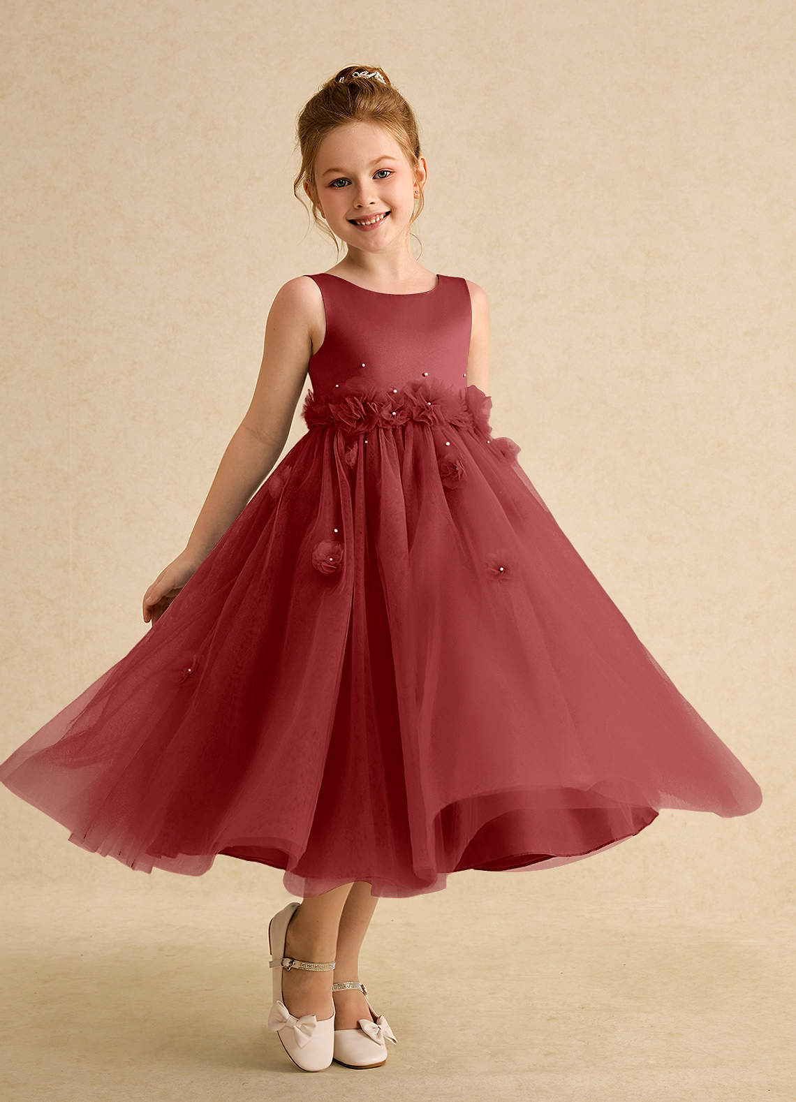 Azazie Lux Flower Girl Dresses Rust A-Line Beaded Tulle Dress image1