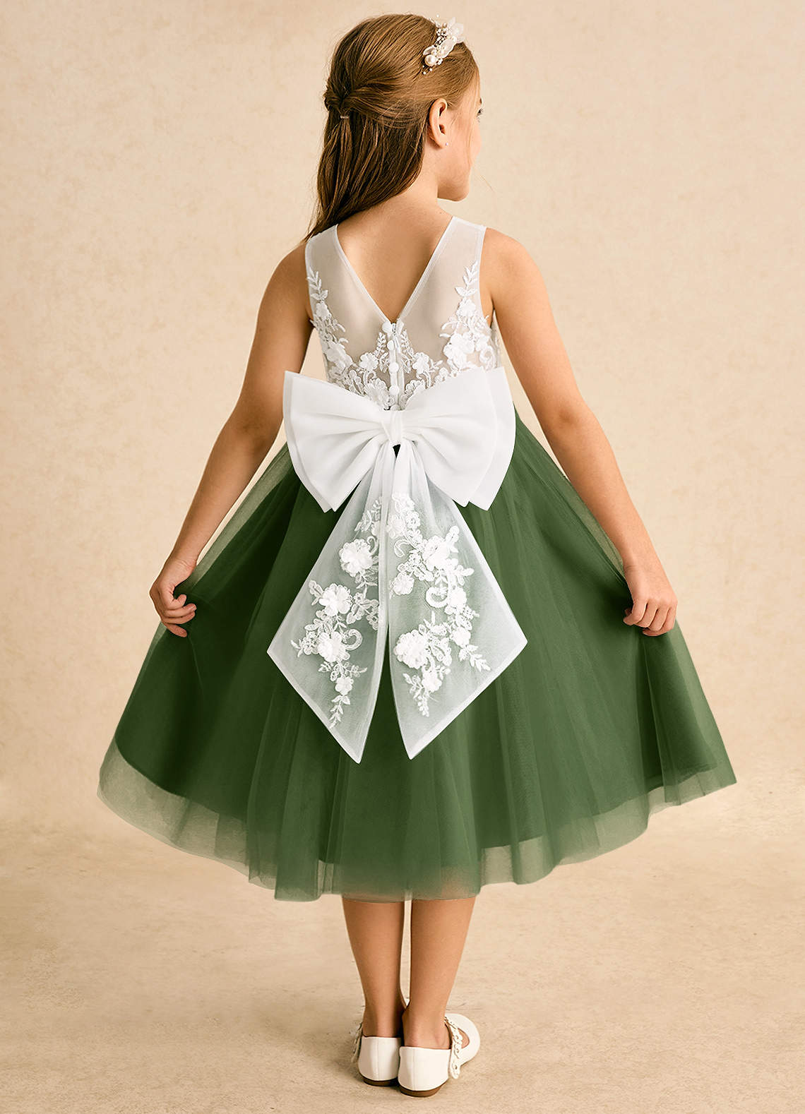 Azazie Lina Robe Demoiselle D'honneur Fillette Robe Princesse en Dentelle Ivoire Olive image1