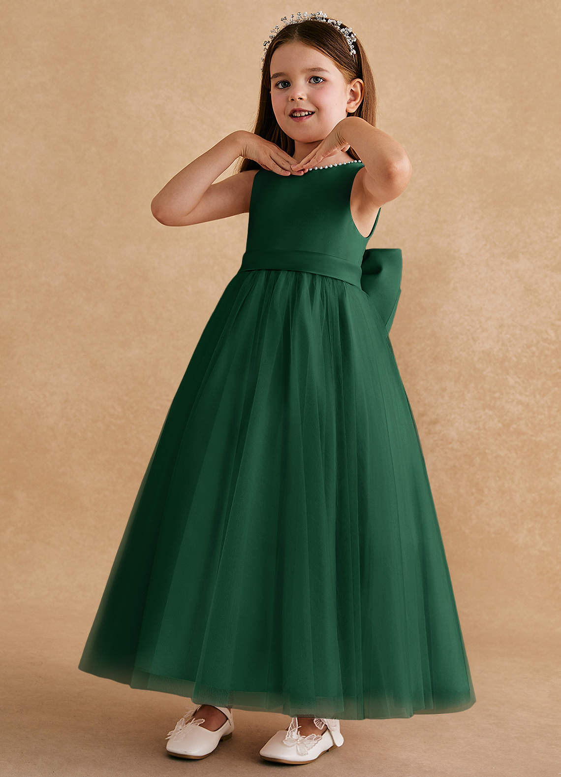 Azazie Cookie Flower Girl Dresses Dark Green A-Line Bow Tulle Dress image3