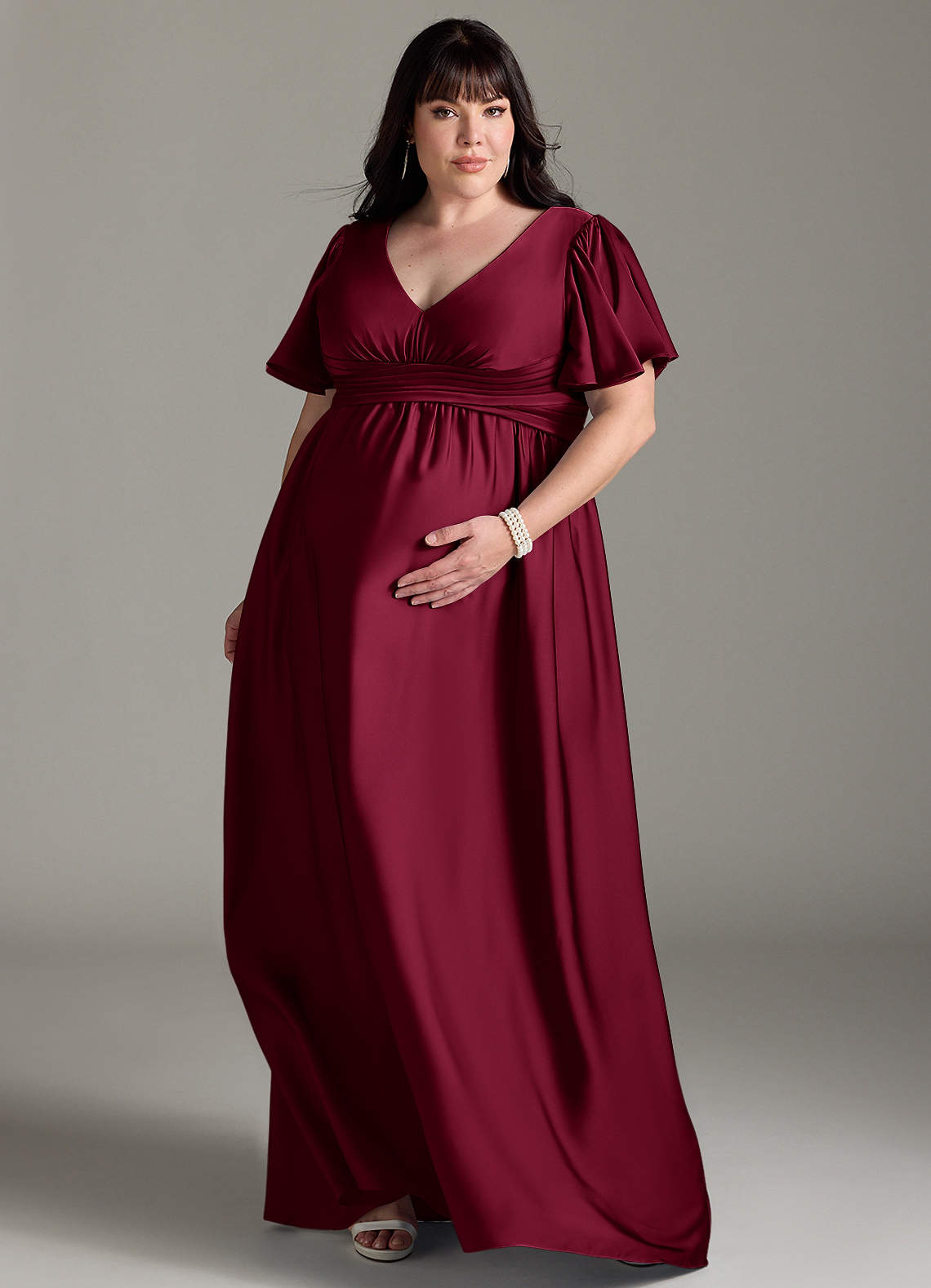 Azazie Verna Maternity Bridesmaid Dresses A-Line Ruched Stretch Satin Floor-Length Dress image1