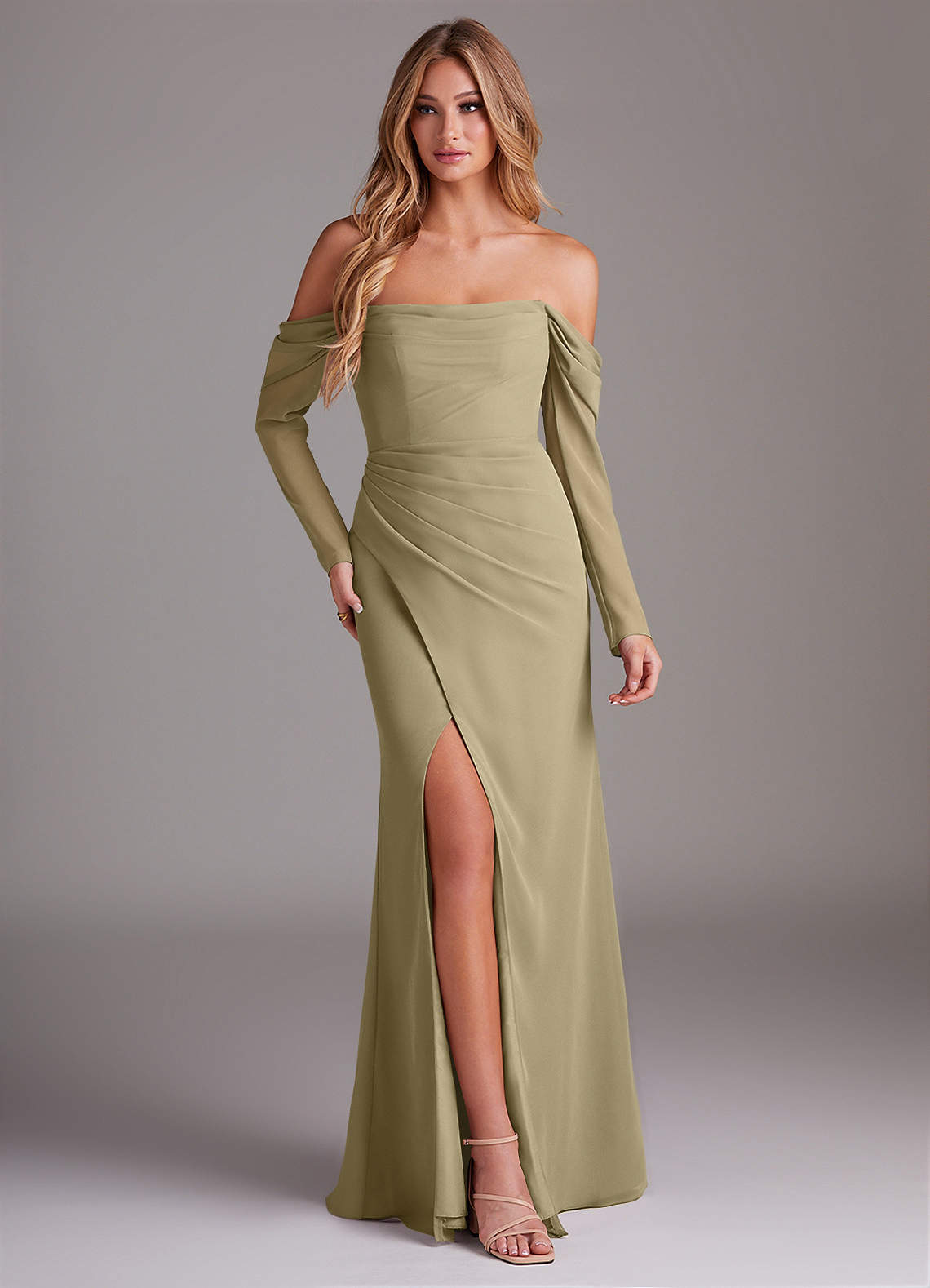Azazie Hallie Vestidos de damas de honor Vestido de Musgo Verde de Gasa de Corte Sirena con Manga larga image1