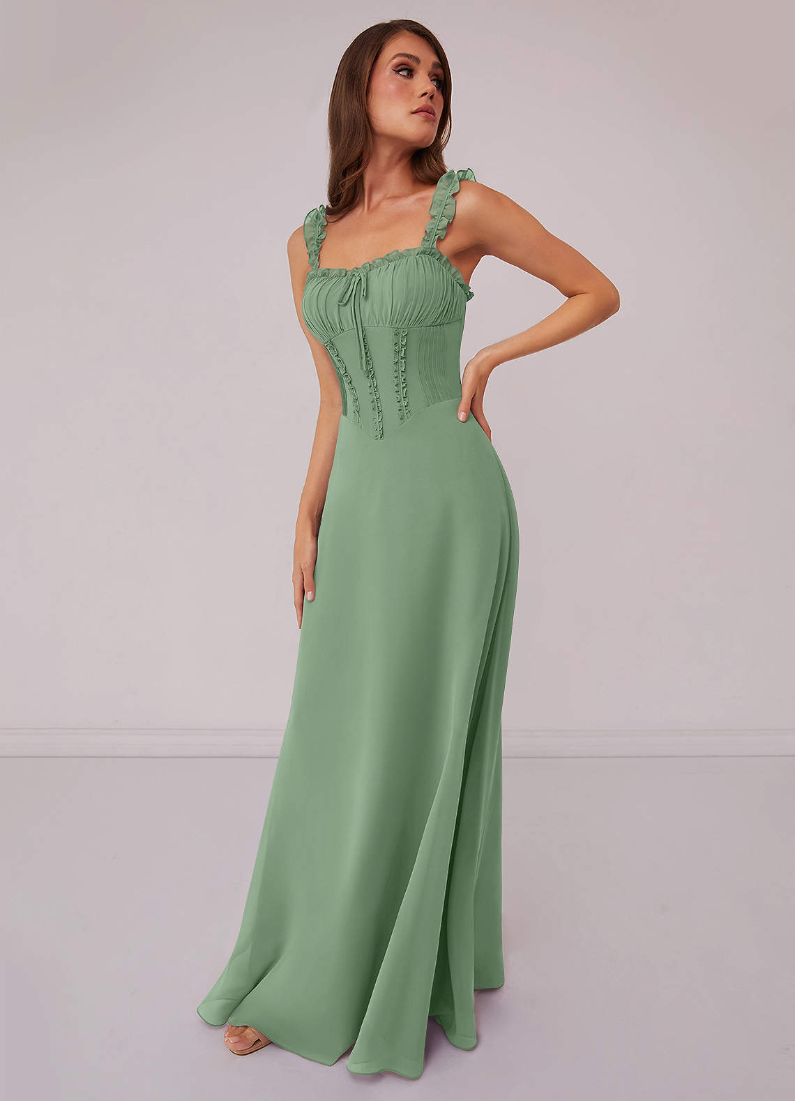 Barbie ♥ Azazie Brautjungfernkleider A-Linie Herzausschnitt Chiffon Kleid Matcha image1