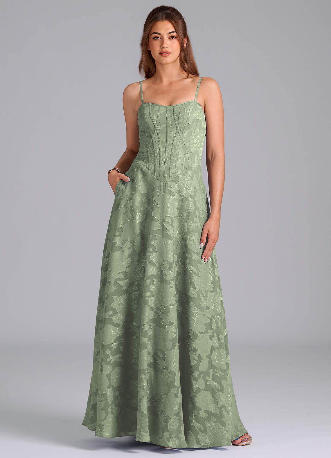 Azazie Stasy At-home Try On Dresses Agave A-Line Sweetheart Neckline Floral Burnout Dress image1