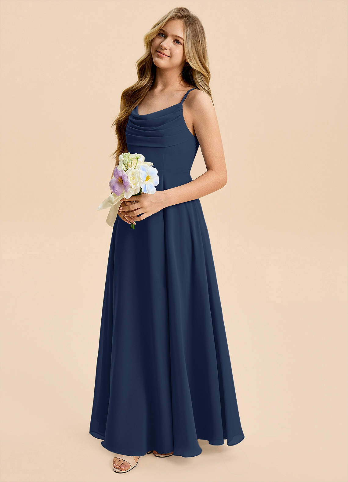 Azazie Gia Junior A-Linie Plissee Chiffon Kleid Dunkelmarine image6