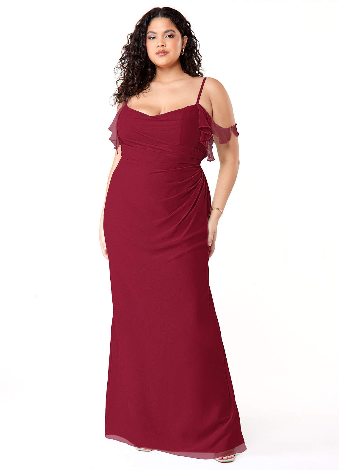 Azazie Emeralda Bridesmaid Dresses Burgundy Sheath Off the Shoulder Chiffon Dress image1