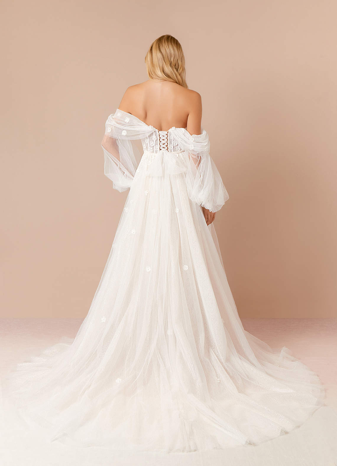 Azazie Airellie At-home Try On Dresses Diamond White Champagne A-Line Off the Shoulder Tulle Dress image1