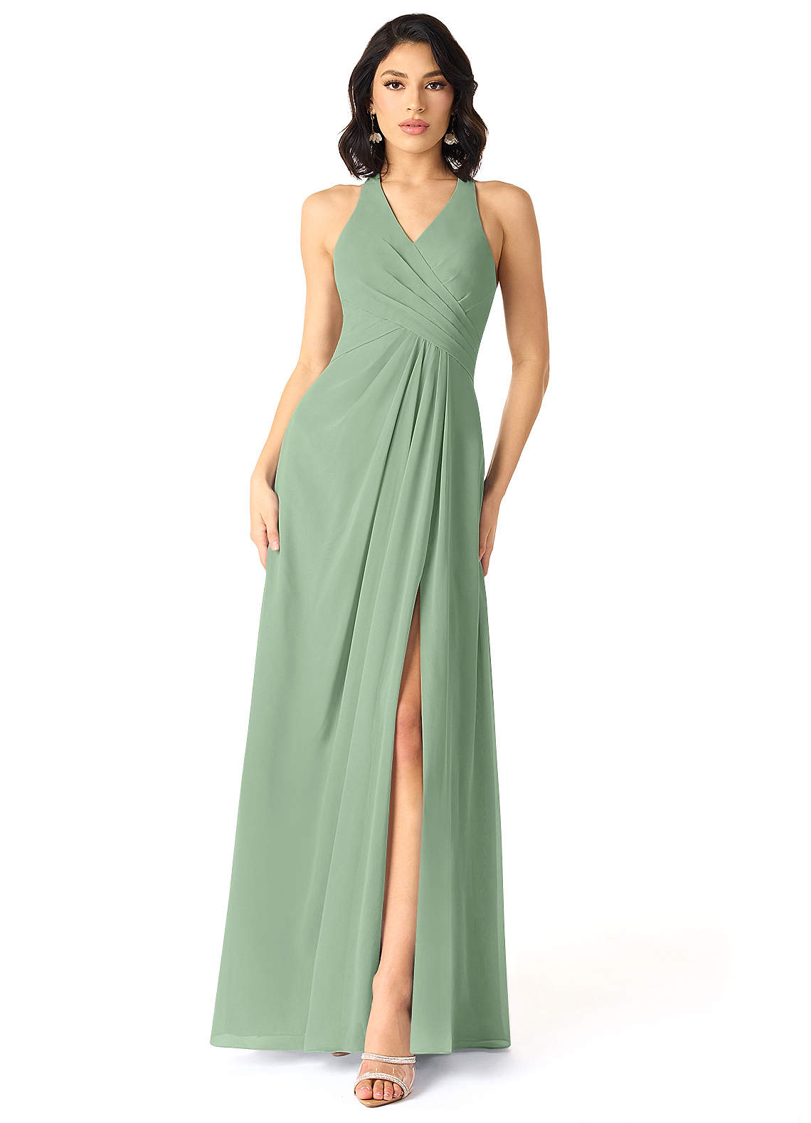 Azazie Danica Robes de demoiselle d'honneur Robe Trapèze en Mousseline de soie Plissée Matcha image1