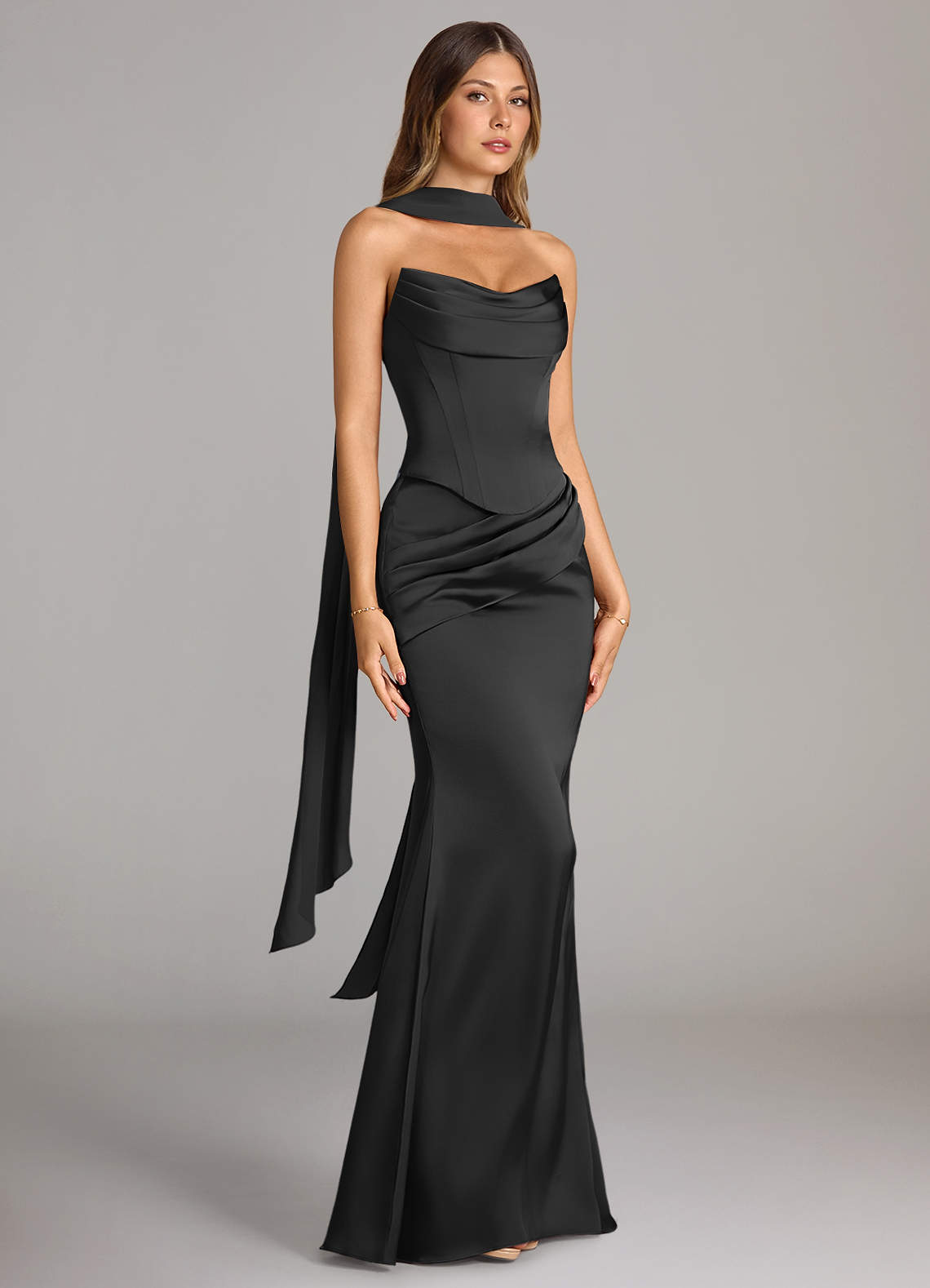 Azazie Sorrel Bridesmaid Dresses Black Mermaid Strapless Stretch Satin Convertible Dress image2