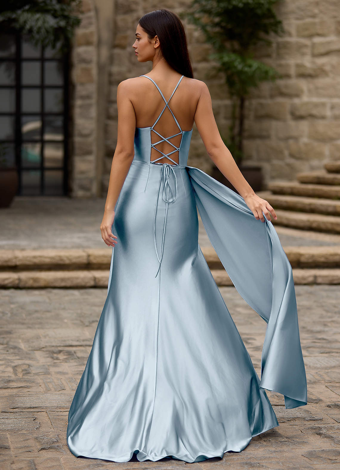 Drape Light Blue Satin Prom Dress image1