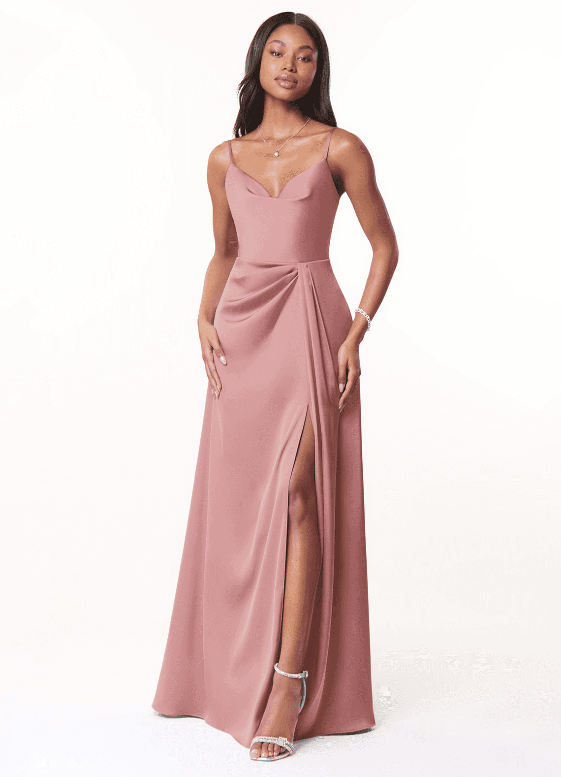 Azazie Brielle Abiti da Damigella Abito A-Line in Raso Elasticizzato con Scollo a Cappuccio e Spalline Sottili Rosa Polverosa image1