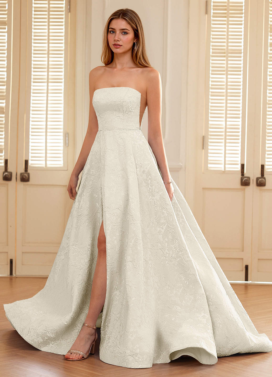white christmas dresses Chic A-line Scoop Champagne Long Prom Dresses Ruffles Long Formal Gown –  SELINADRESS main image 1