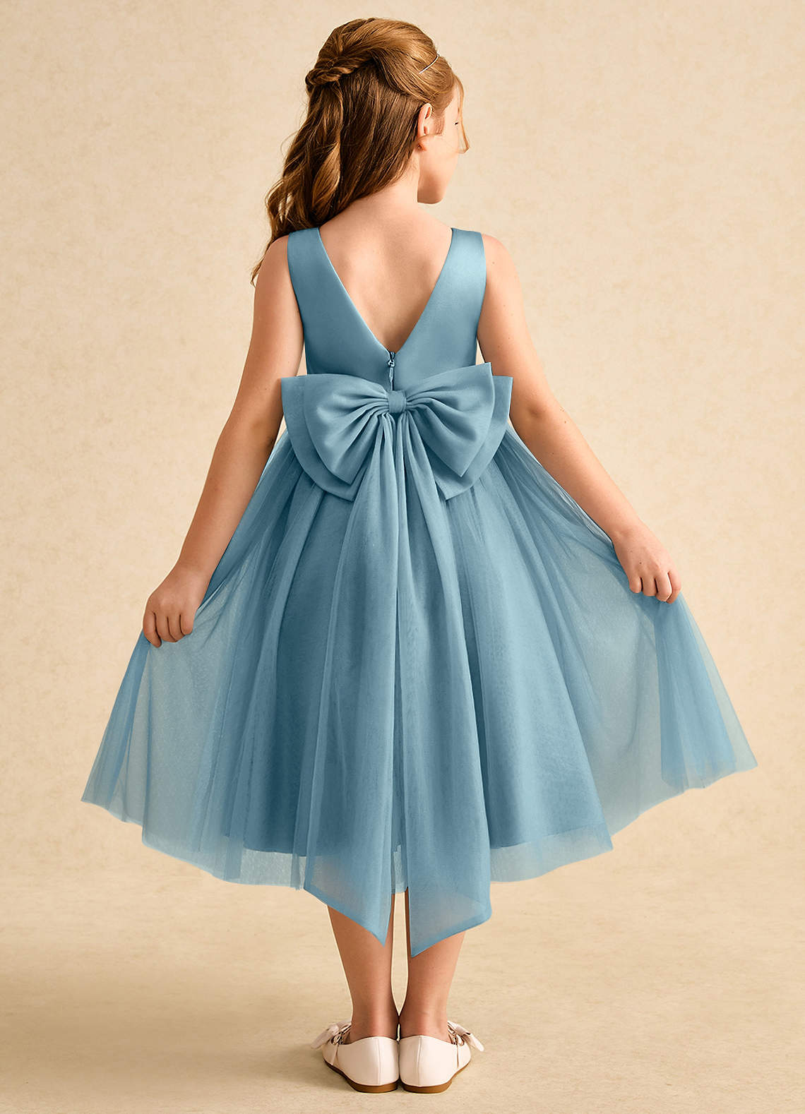 Azazie Winnie Flower Girl Dresses Moody Blue Ball-Gown Bow Tulle Dress image1