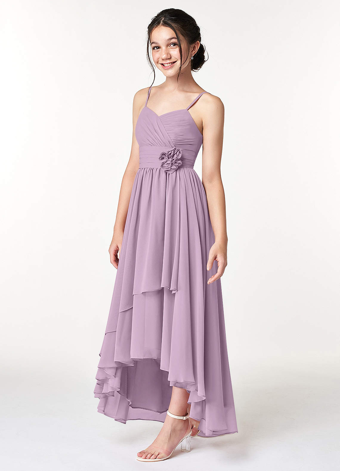 Asymmetrical Junior Bridesmaid Dresses with Flower Stormy
