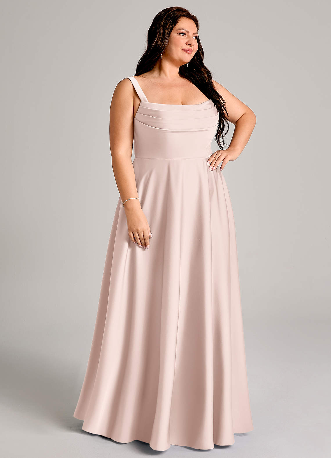 Azazie Shaude Bridesmaid Dresses Blushing Pink A-Line Pleated Stretch Satin Dress image9