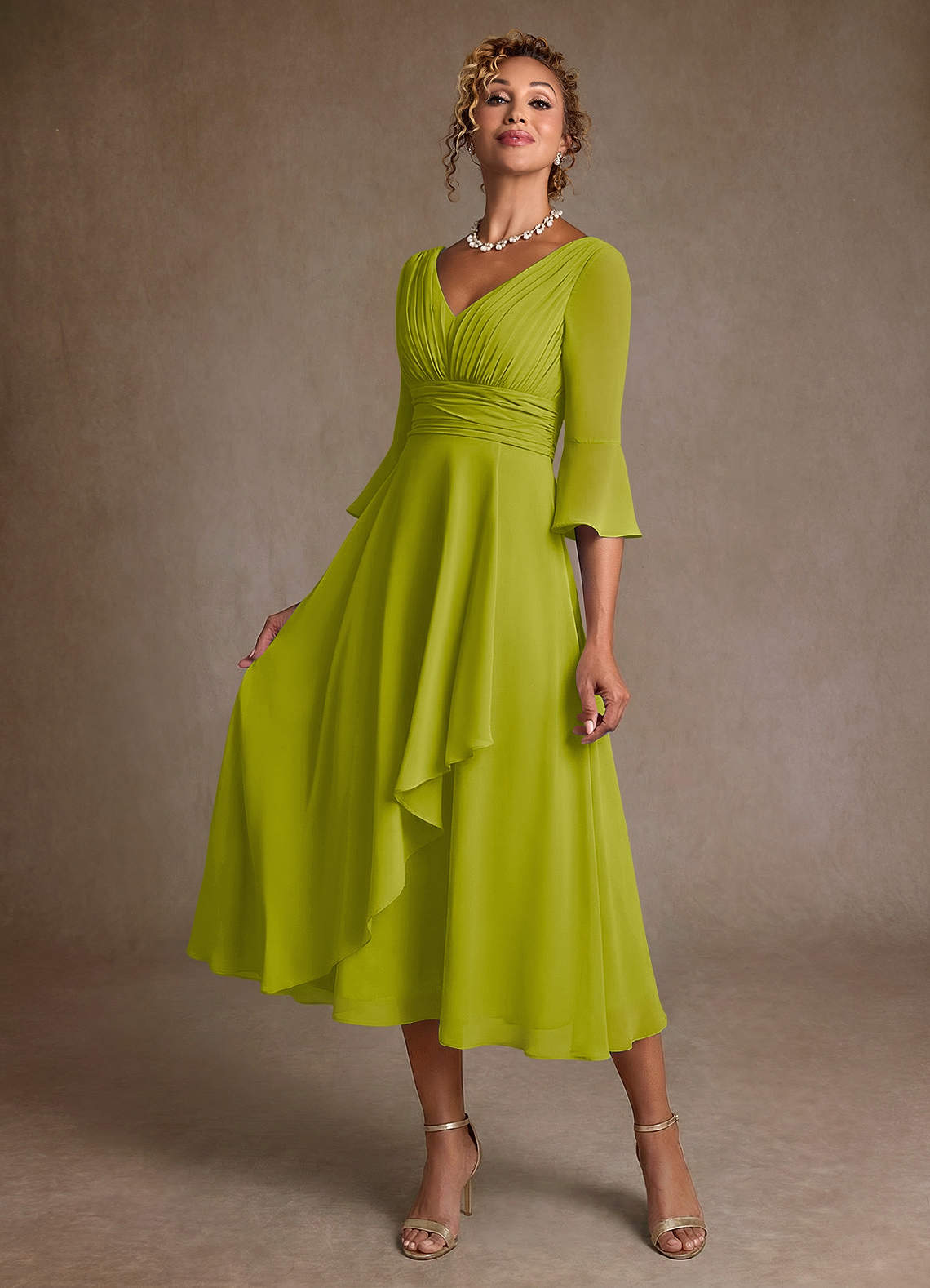 Azazie Aerynne Vestidos para mãe da noiva Vestido Capim Limão de Chiffon de Linha A com Plissado image2