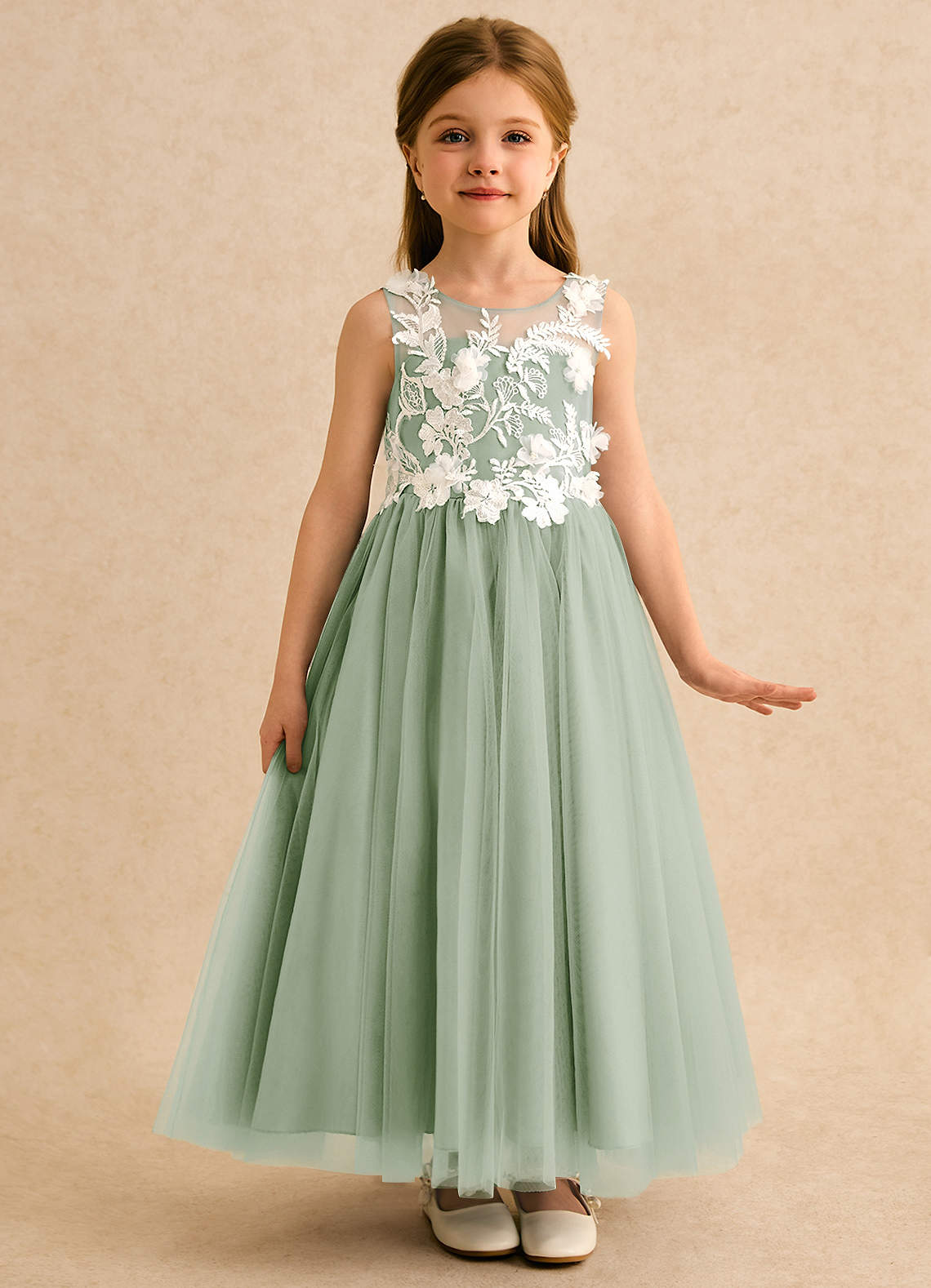 Azazie Mixie Flower Girl Dresses Dusty Sage Ball-Gown Lace Dress image4