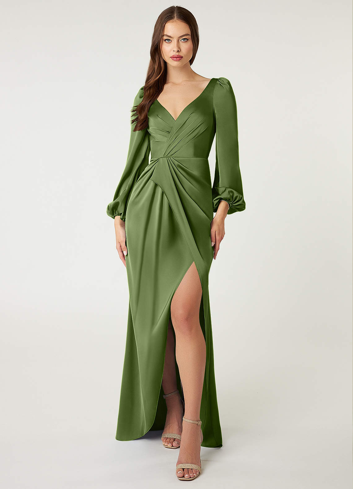 Azazie Mel Robes de demoiselle d'honneur Robe Fourreau en Satin extensible Manche longue Genévrier image1