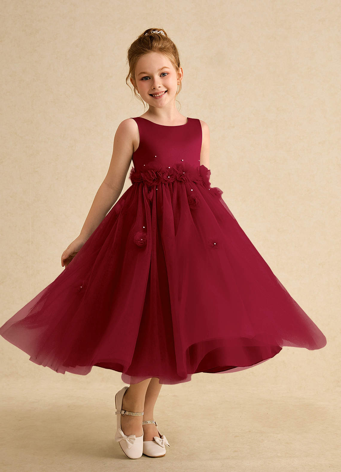 Azazie Lux Blumenmädchenkleider A-Linie Mit Perlen Tüll Kleid Burgunderrot image1