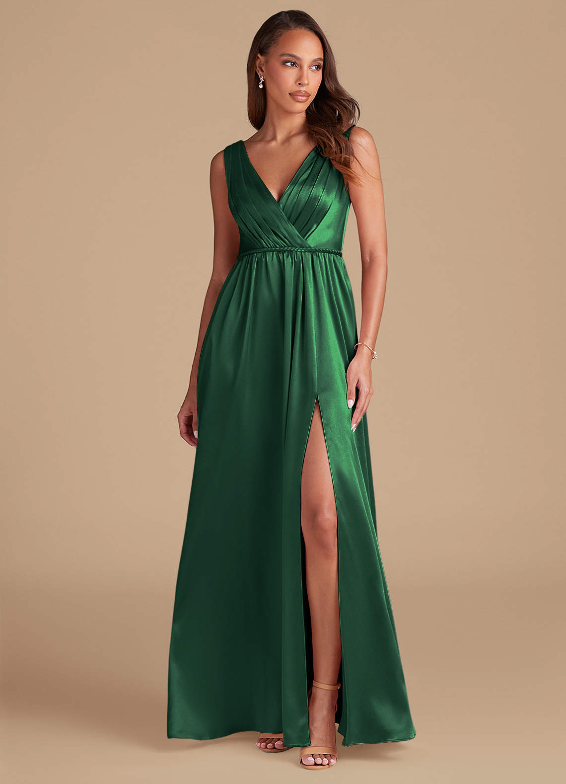 Azazie Tanicia Bridesmaid Dresses Dark Green A-Line Pleated Metallic Satin Dress image1