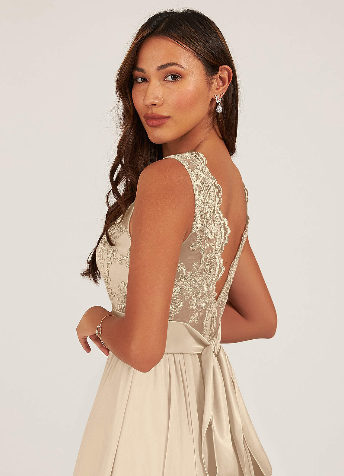 Azazie Gertrude Bridesmaid Dresses Champagne A-Line Lace Chiffon Dress image6