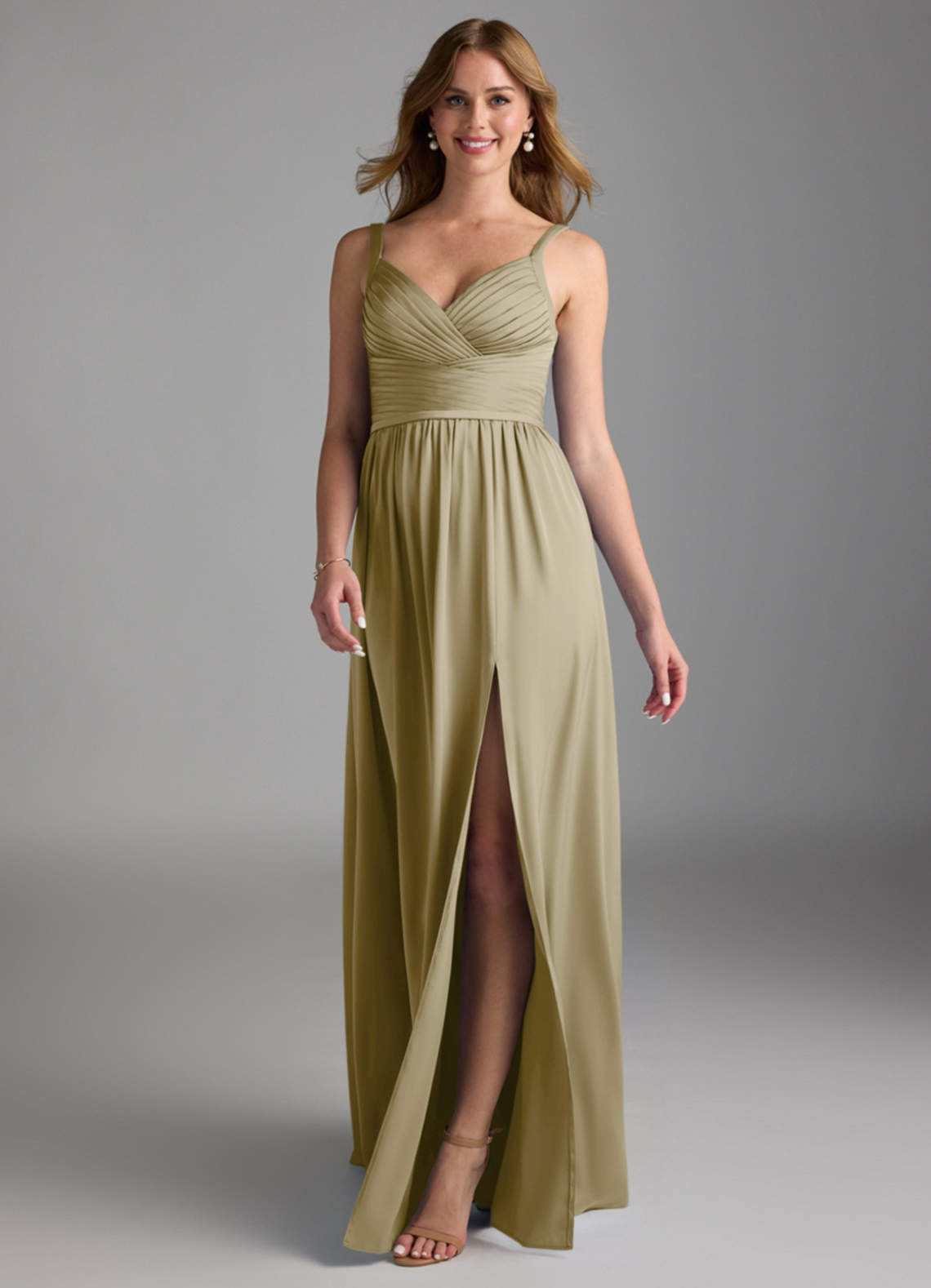 Azazie Chanel Bridesmaid Dresses Moss Green A-Line Pleated Stretch Satin Dress image1
