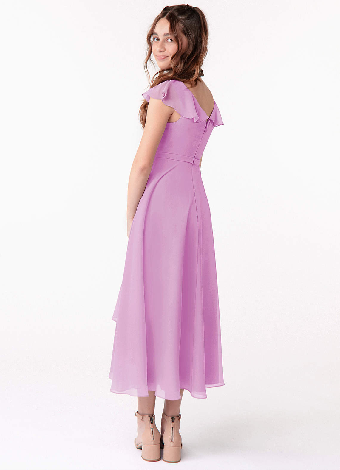 Azazie Posie Junior Candy Pink A-Line Ruched Chiffon Dress image1