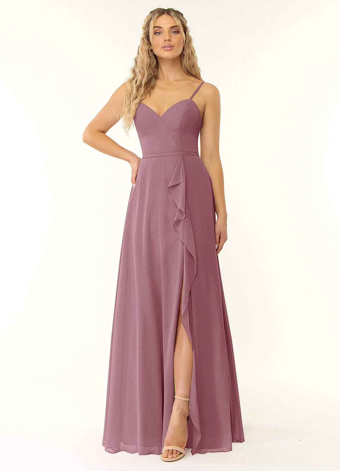 Azazie Naeem Bridesmaid Dresses Vintage Mauve A-Line V-Neck Ruffle Chiffon Dress image1