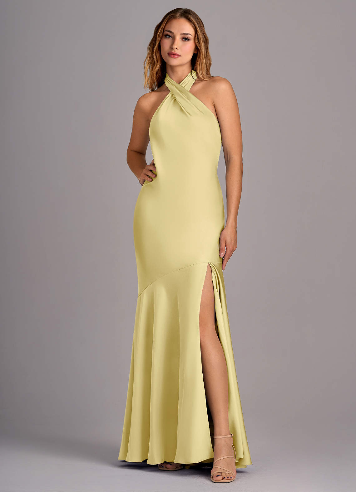 Azazie Lorena Vestidos de madrinha de casamento Vestir Sorvete De Limão de Cetim elástico de sereia com Plissado image1