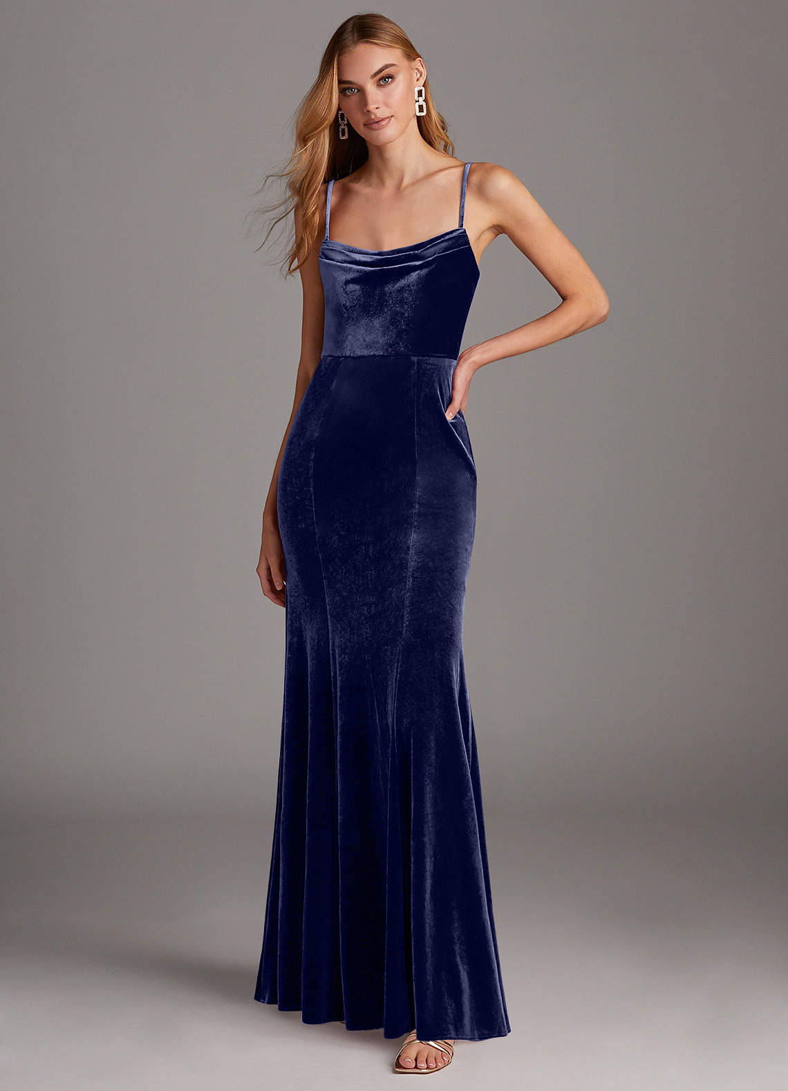 Azazie Solange Bridesmaid Dresses Dark Navy Sheath Pleated Velvet Dress image1
