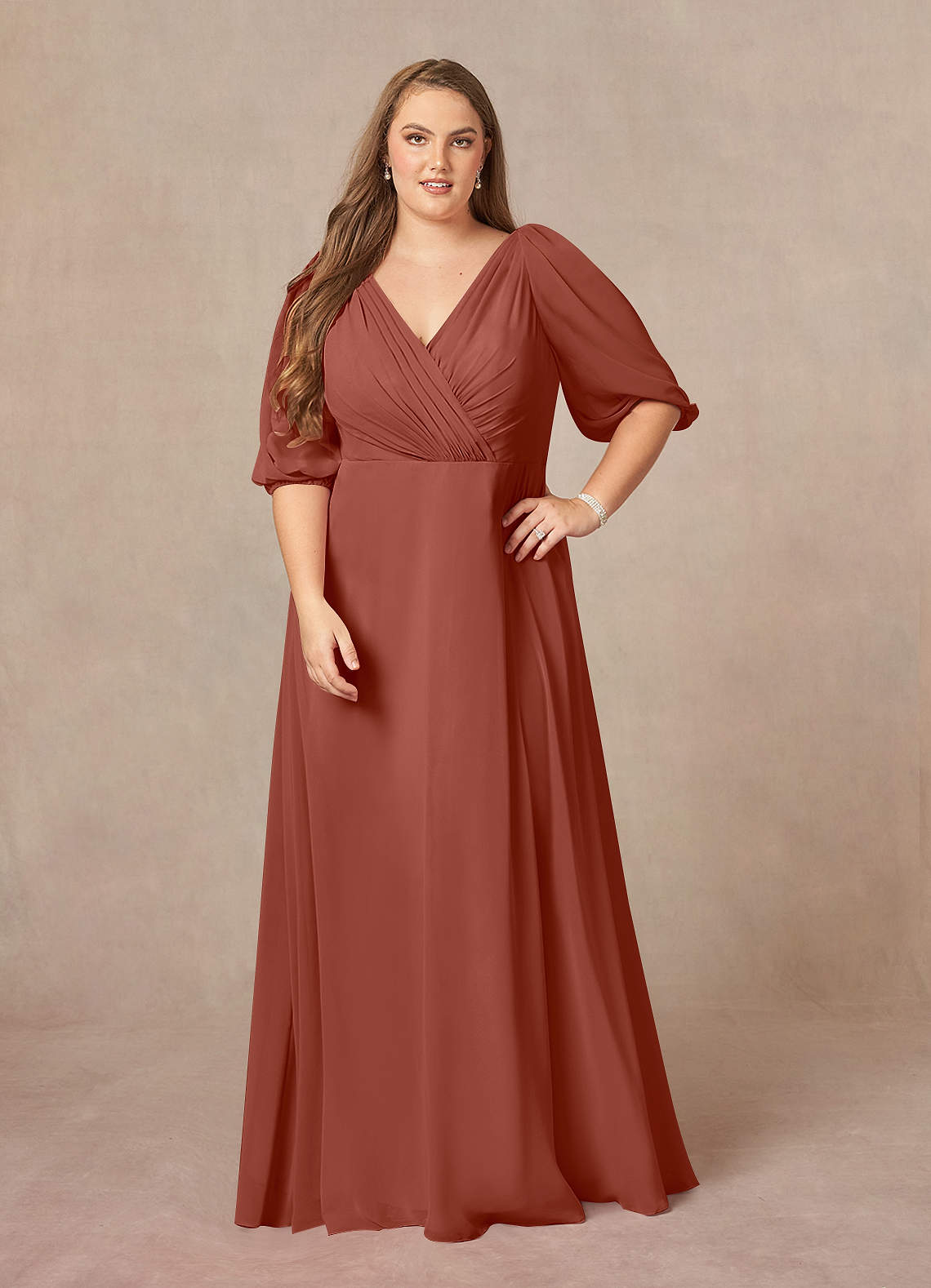 Azazie Bronwyn Mother of the Bride Dresses Auburn A-Line V-Neck Ruched Chiffon Dress image1