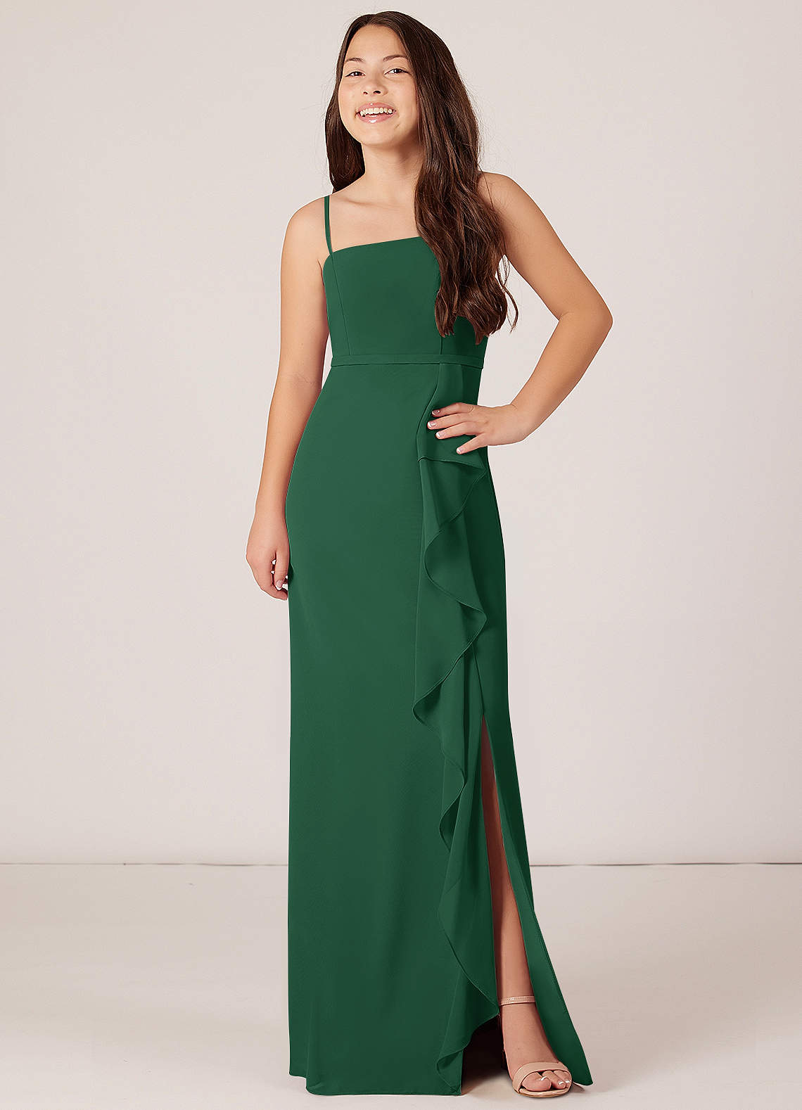 green emerald velvet dress Spaghetti Straps V-Neck Pleated Zip Back Junior Bridesmaid Dress main image 1