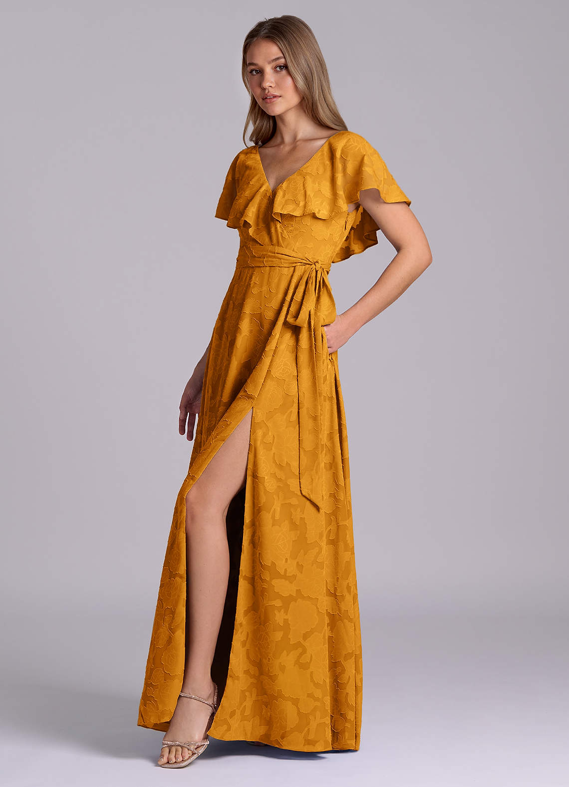 Azazie A-Line V-Neck Floor-Length Floral Burnout Bridesmaid Dresses - Butterscotch