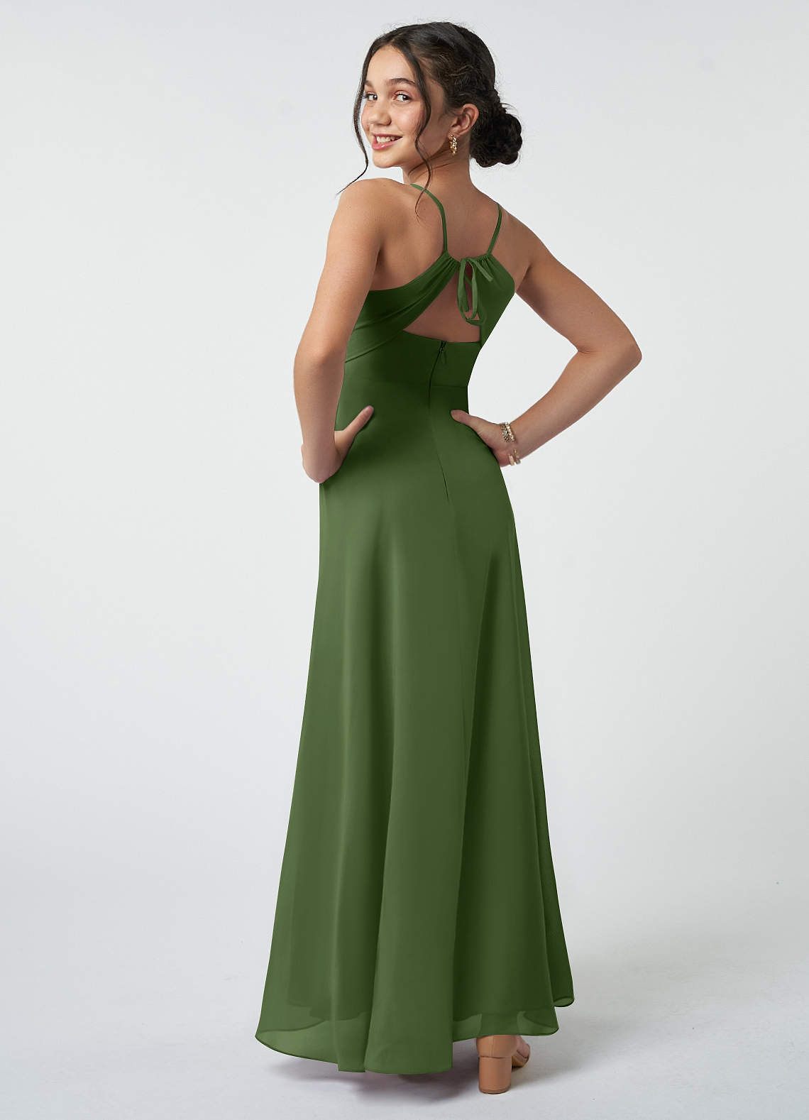 Azazie A-Line/Princess V-Neck Floor-Length Chiffon Junior Bridesmaid Dresses - Olive Azazie A-Line/Princess V-Neck Floor-Length Chiffon Junior Bridesmaid Dresses - Olive